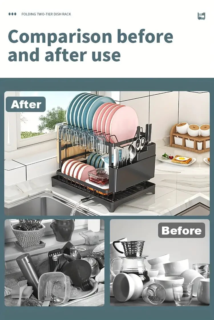 Dish Drying Rack, 2 Tier Large Dish Drying Rack for Kitchen Counter with Drainboard Stainless Steel Dish Drainer for Dish&Cup