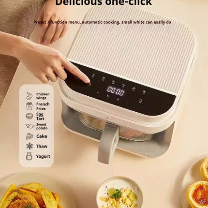 Friteuse à air chaud 1200 W avec panier en verre transparent - Four multifonction sans retournement, poignée isolante, 8 modes de cuisson, usage domestique