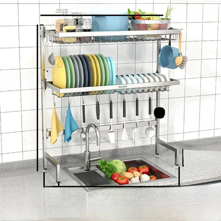 Égouttoir de cuisine en acier inoxydable 304 avec porte-assiettes de rangement multifonction pour évier de cuisine à poser sur le plan de travail