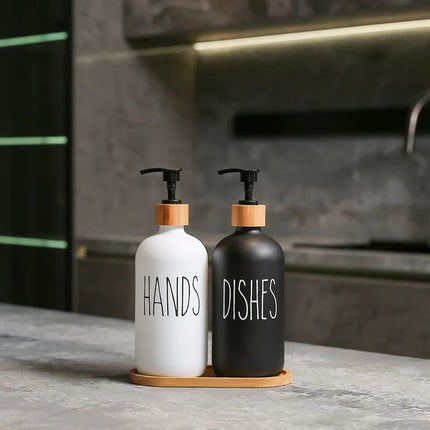 Distributeur de savon liquide 500 ml avec plateau en bambou - E-menage