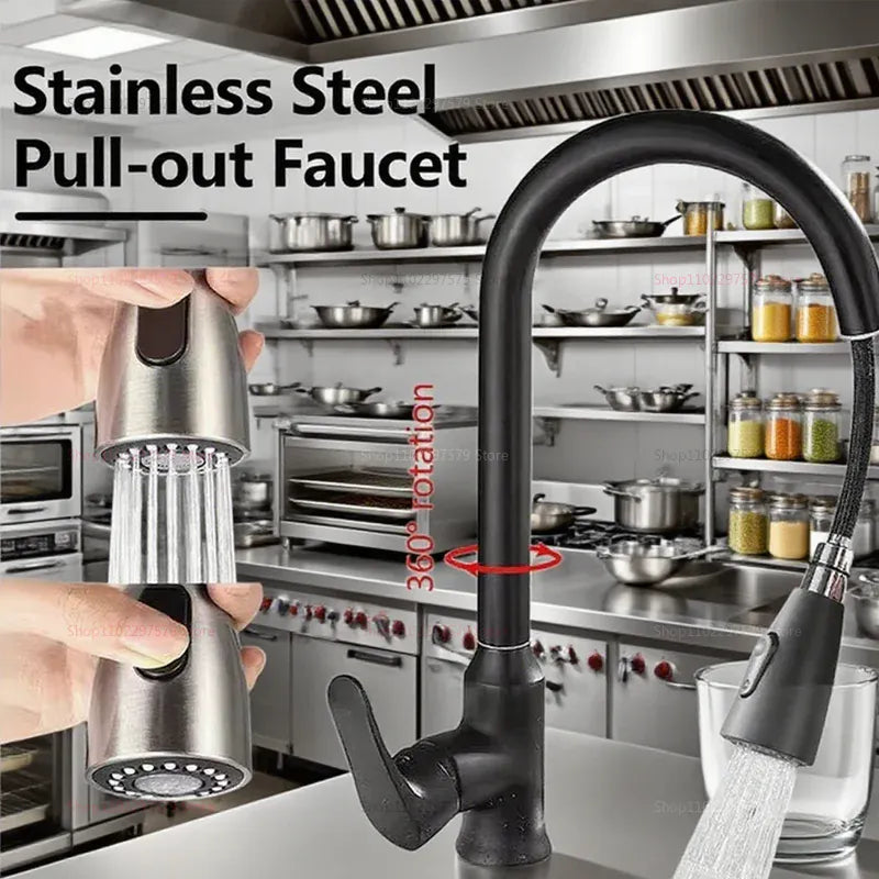 2025 New Stainless Steel Kitchen Faucet Pull Out Sink Mixer Tap with 360 Swivel Spray Head Single Hole Durable Easy Install