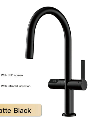 Luxury brass gun gray kitchen faucet LED digital sensing design single handle hot & cold water pull-out type 2-function sink Tap
