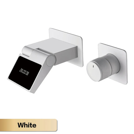 Robinet de salle de bain mural de luxe en laiton gris anthracite avec affichage numérique LED. Robinet de salle de bain monocommande avec eau chaude et froide intégrée.