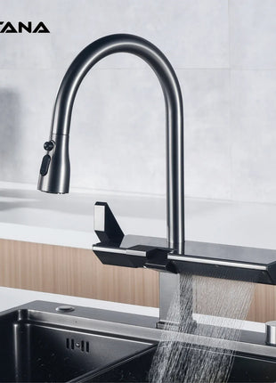 AITANA Luxury Chrome Brass Kitchen Faucet with Digital Display Design, Hot and Cold Water Pull out 3-Function Sink Mixer