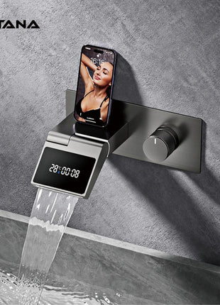 Luxury gun gray brass wall mounted bathroom faucet with LED digital display Single handle hot & cold water embedded bathroom Tap