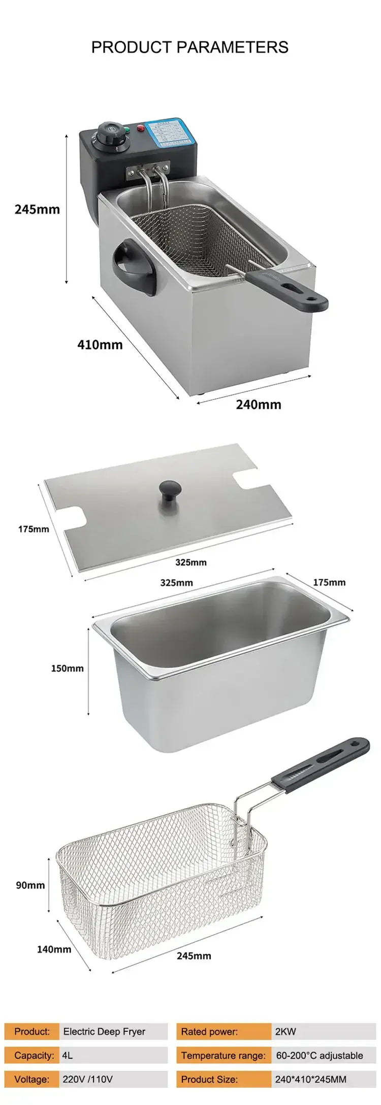 4L Electric Deep Fryers Oil Oven Adjustable Thermostat Fried Chicken Grill French Fries Frying Machine Heating Cooker 2000W