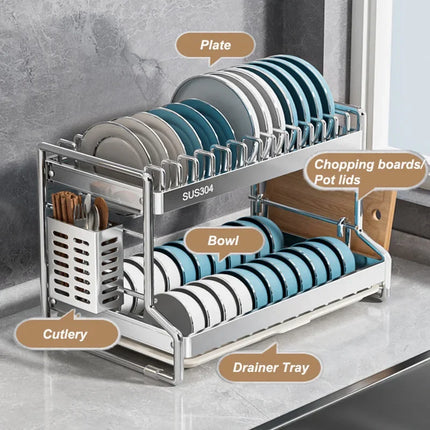 Égouttoir à vaisselle en acier inoxydable pour le rangement et l'organisation de la cuisine. Ce support est idéal pour la vaisselle, les ustensiles de cuisine et les tables.