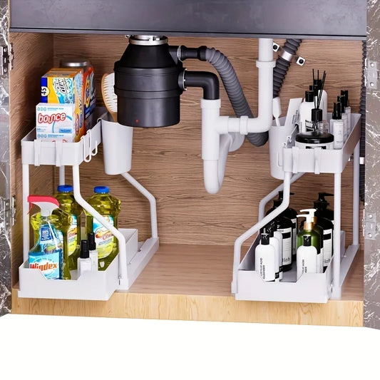 2-Tier Sliding Under-Sink Organizer – With Hooks | Large Capacity & Space Saving