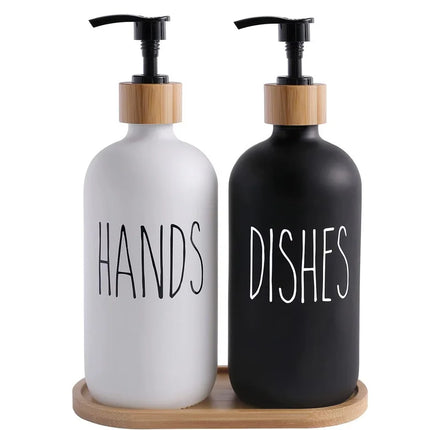 Distributeur de savon liquide 500 ml avec plateau en bambou - E-menage