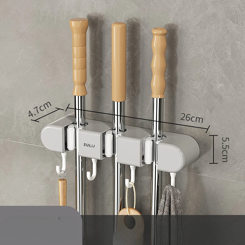 Broom Mop Holder with Hooks Wall Mounted Broom Storage Rack No Drilling Self-Adhesive Kitchens Organizer Multifunction Holder