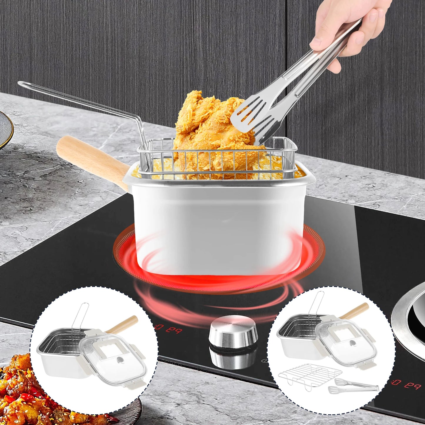 Deep Fryer Pot Stainless Steel Frying Pan Oil Saving Square Deep Frying Pan with Basket and Handle Versatile Deep Fryer with Lid