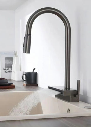 Waterfall Kitchen Faucet Temperature Display For Hot and Cold Water Pull Out Deck Mounted Sink Tap
