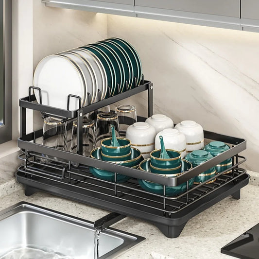 2-Tier Dishes Dryer Rack Metal Black Dish Drainer Large Kitchen Organizers and Storage Rack with Drainboard and Cutlery Holder