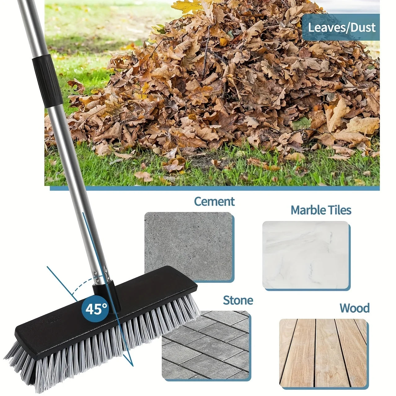 Large Hard Bristle Broom, Wooden Floor Washer, Adjustable Multi-Section Long Handle, Concrete Push Broom Outdoor Garage Broom