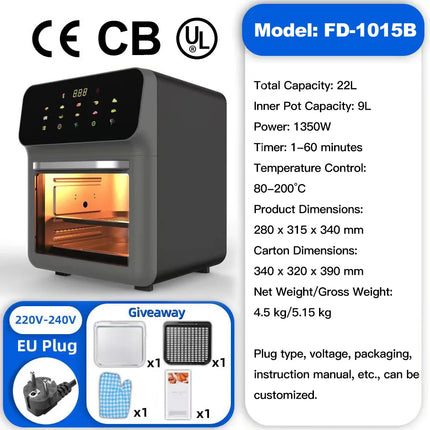Friteuse à air chaud multifonctionnelle de grande capacité pour la maison, avec écran tactile et affichage visuel.