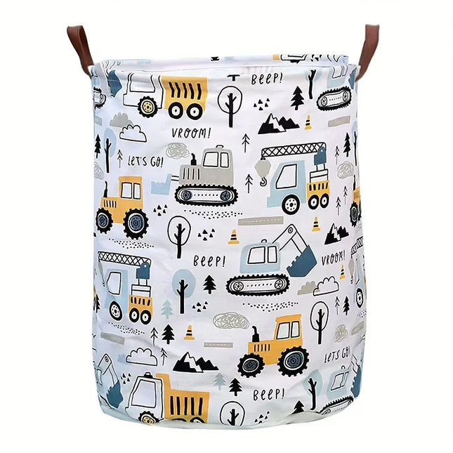 Laundry Basket Large Capacity Cartoon Print Foldable Portable Construction Vehicle Design Sturdy Construction Home Organization - E-menage