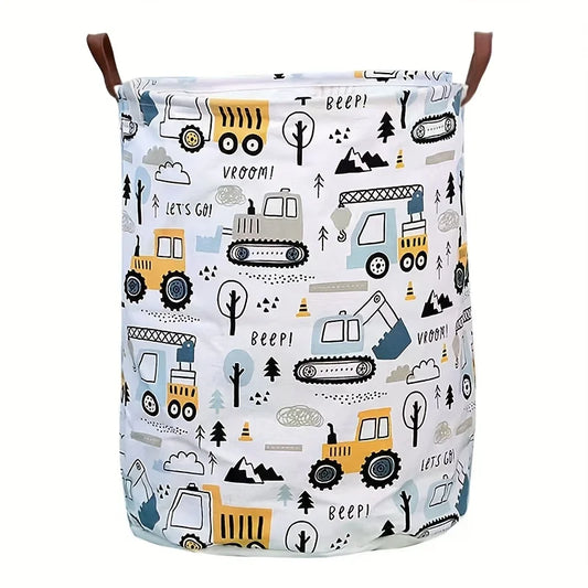 Laundry Basket Large Capacity Cartoon Print Foldable Portable Construction Vehicle Design Sturdy Construction Home Organization - E-menage