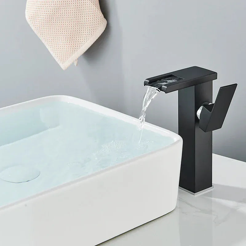 Luxury LED Black Basin Faucet Tall And Short Tap Bathroom Single Handle Cold and Hot Water Flow Produces Electricity