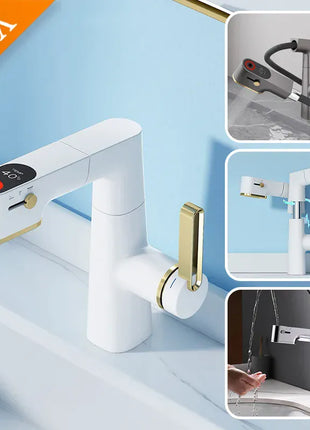 VGX Multifunctional Bathroom Faucets Pull Out Basin Mixer Sink Faucet Gourmet LED Temperature Tap 360° Tapware Crane Brass White