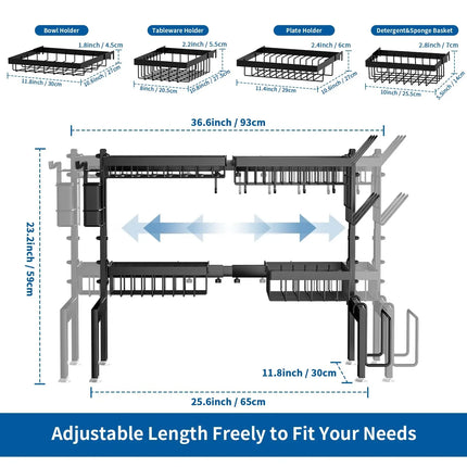 Égouttoir à vaisselle extensible à 2 niveaux en acier inoxydable avec porte-ustensiles et égouttoirs à vaisselle à suspendre au-dessus de l'évier
