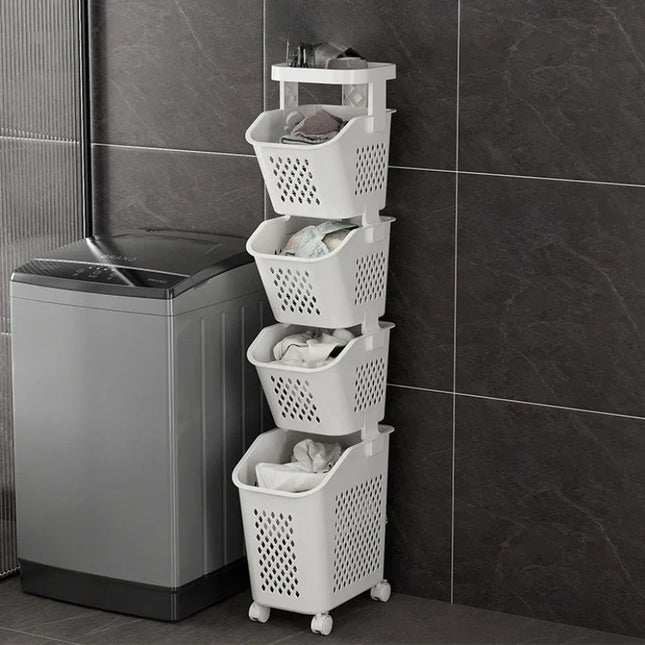 Laundry Storage Rack Basket Multilayer Dirty Clothes Storage Basket With Wheel Large Capacity Household Bathroom Shelf Organizer - E-menage