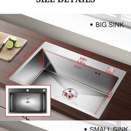 Évier de cuisine rectangulaire DQOK en acier inoxydable avec bac à vaisselle, panier d'égouttage et tuyau de vidange.