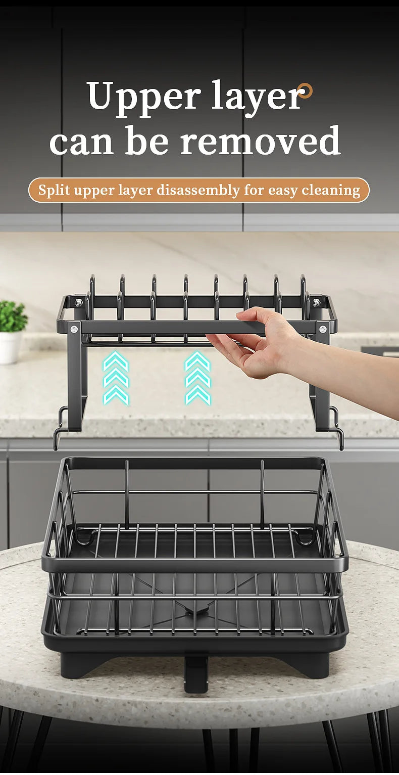 2-Tier Dishes Dryer Rack Metal Black Dish Drainer Large Kitchen Organizers and Storage Rack with Drainboard and Cutlery Holder