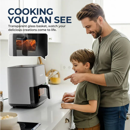 Friteuse à air chaud 5 L, four électrique sans huile avec commandes tactiles, panier antiadhésif et hublot, format familial
