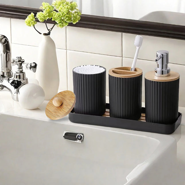 Distributeur de savon, brosse à dents, porte-coton-tige et plateau - E-menage