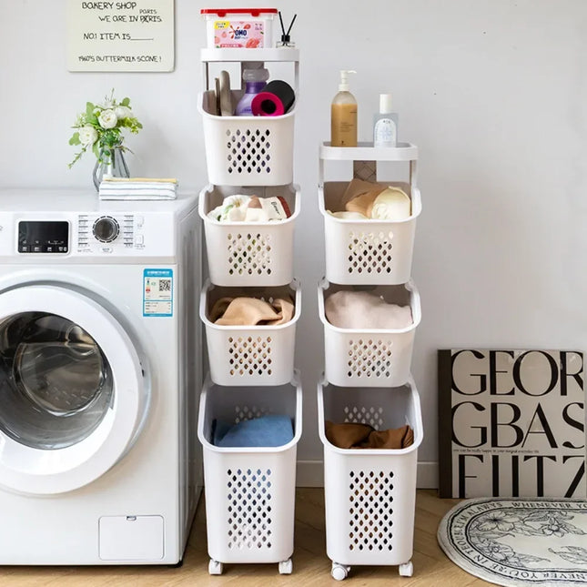 Laundry Storage Rack Basket Multilayer Dirty Clothes Storage Basket With Wheel Large Capacity Household Bathroom Shelf Organizer - E-menage