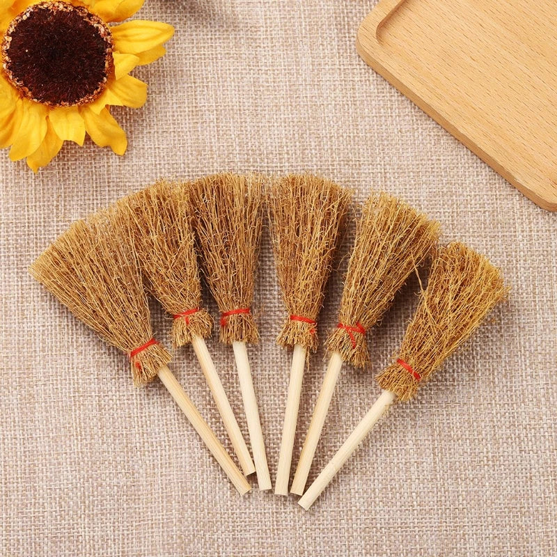 6/12 Pcs Mini Broom Witch Straw Brooms DIY Hanging Ornaments for Halloween Party Decoration Costume Props Dollhouse Accessories