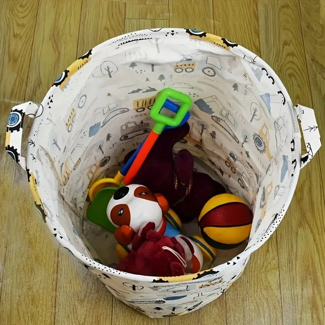 Laundry Basket Large Capacity Cartoon Print Foldable Portable Construction Vehicle Design Sturdy Construction Home Organization - E-menage