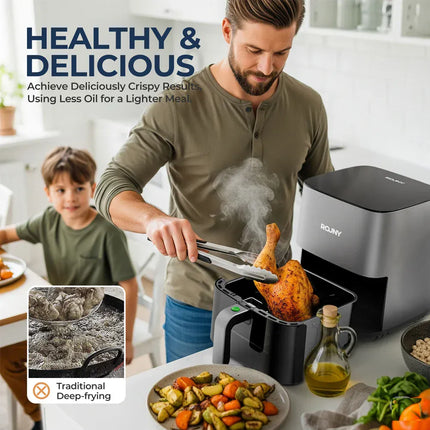 Friteuse à air chaud 5 L, four électrique sans huile avec commandes tactiles, panier antiadhésif et hublot, format familial