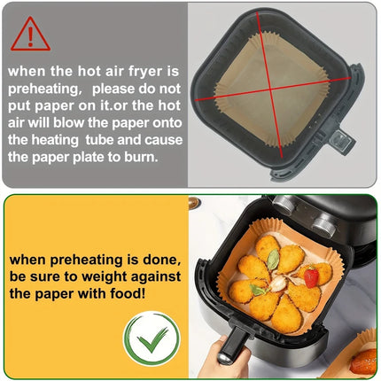 Papier sulfurisé jetable pour friteuse à air chaud, résistant à l'huile et à l'eau, format rond, carré et rectangle, pour la cuisine et les fêtes.