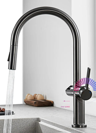 Luxury brass gun gray kitchen faucet LED digital sensing design single handle hot & cold water pull-out type 2-function sink Tap