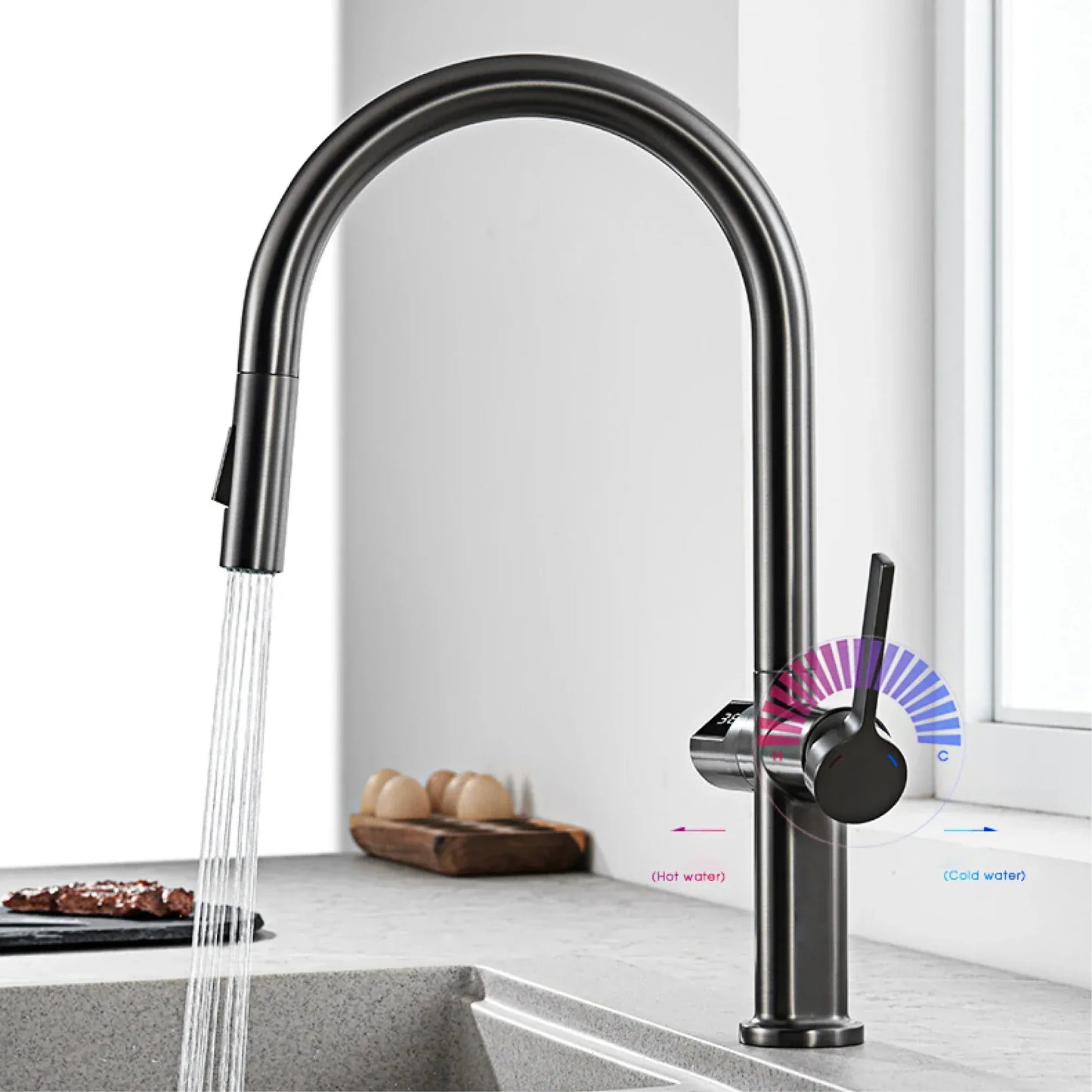 Luxury brass gun gray kitchen faucet LED digital sensing design single handle hot & cold water pull-out type 2-function sink Tap