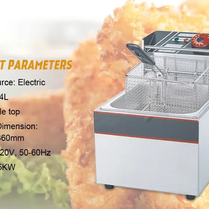 6L 1.5KW Commercial Electric Deep Fryer - Fast Heating, Stainless Steel, Easy Clean, 3-Tier Basket, for Fast Food Restaurant