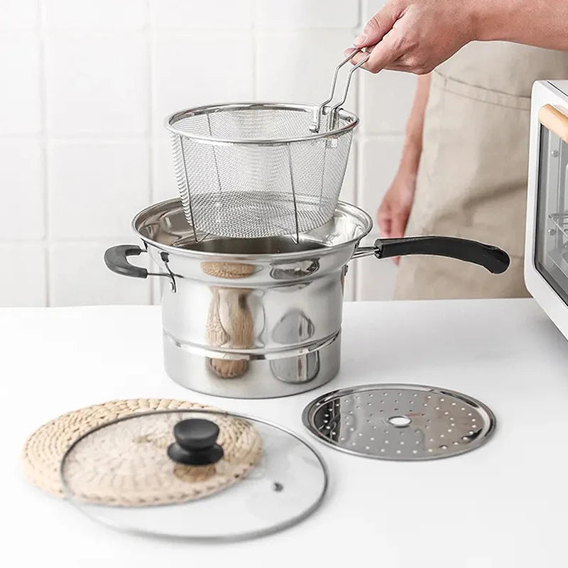 Stainless Steel Fryer Pot With Strainer Basket And Handle Portable Multi-functional Deep Frying Pot For French Fries Seafood