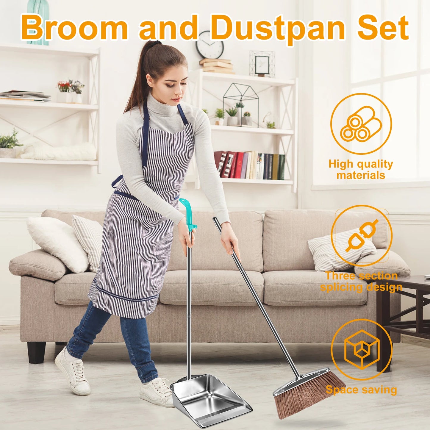 Broom and Dustpan Set Long Handle Upright Stainless Steel Dustpan Broom Set Portable Household Cleaning Tools for Home Office
