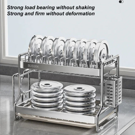 Égouttoir à vaisselle en acier inoxydable pour le rangement et l'organisation de la cuisine. Ce support est idéal pour la vaisselle, les ustensiles de cuisine et les tables.