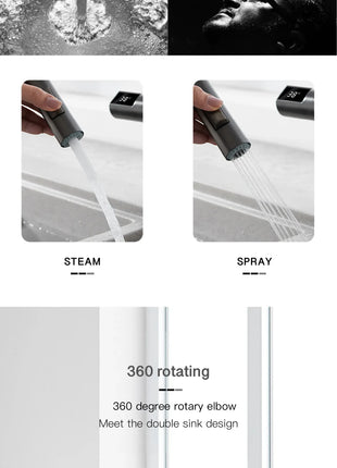 Luxury brass gun gray kitchen faucet LED digital sensing design single handle hot & cold water pull-out type 2-function sink Tap