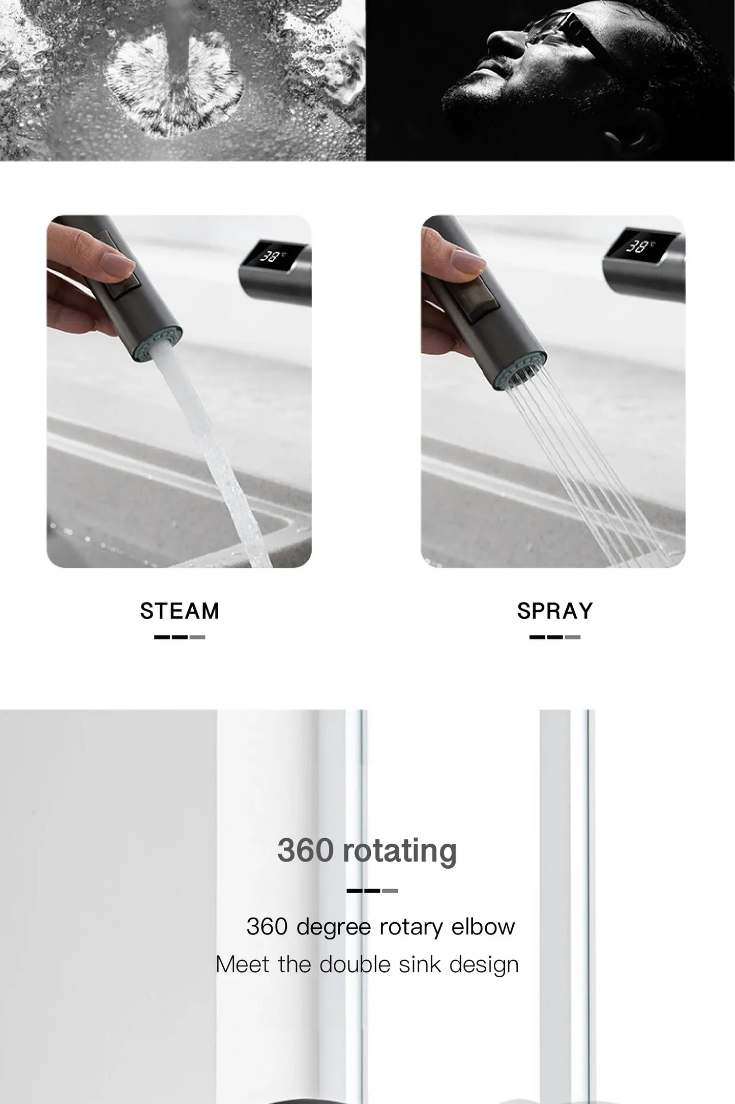 Luxury brass gun gray kitchen faucet LED digital sensing design single handle hot & cold water pull-out type 2-function sink Tap