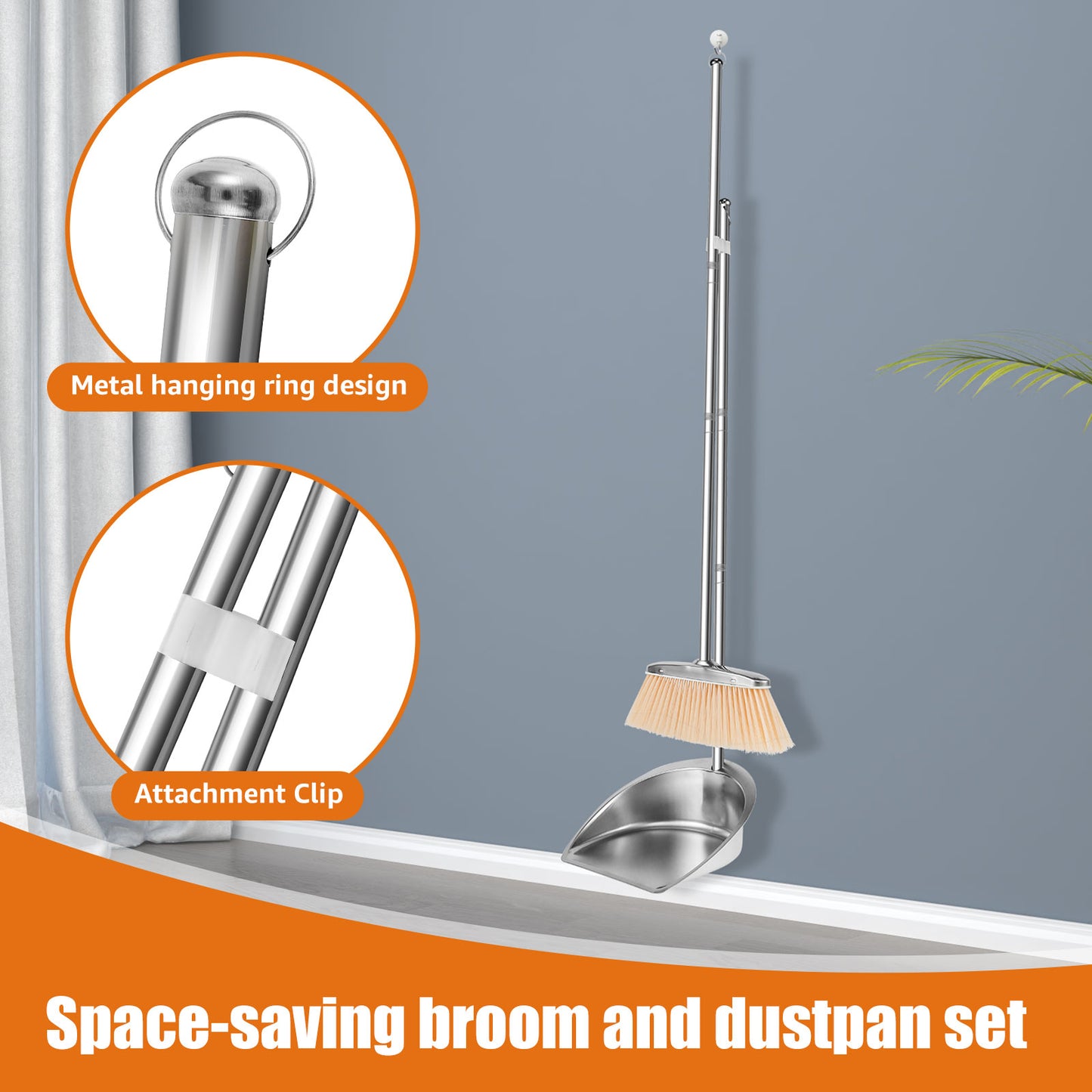 Broom and Dustpan Set Long Handle Upright Stainless Steel Dustpan Broom Set Portable Household Cleaning Tools for Home Office