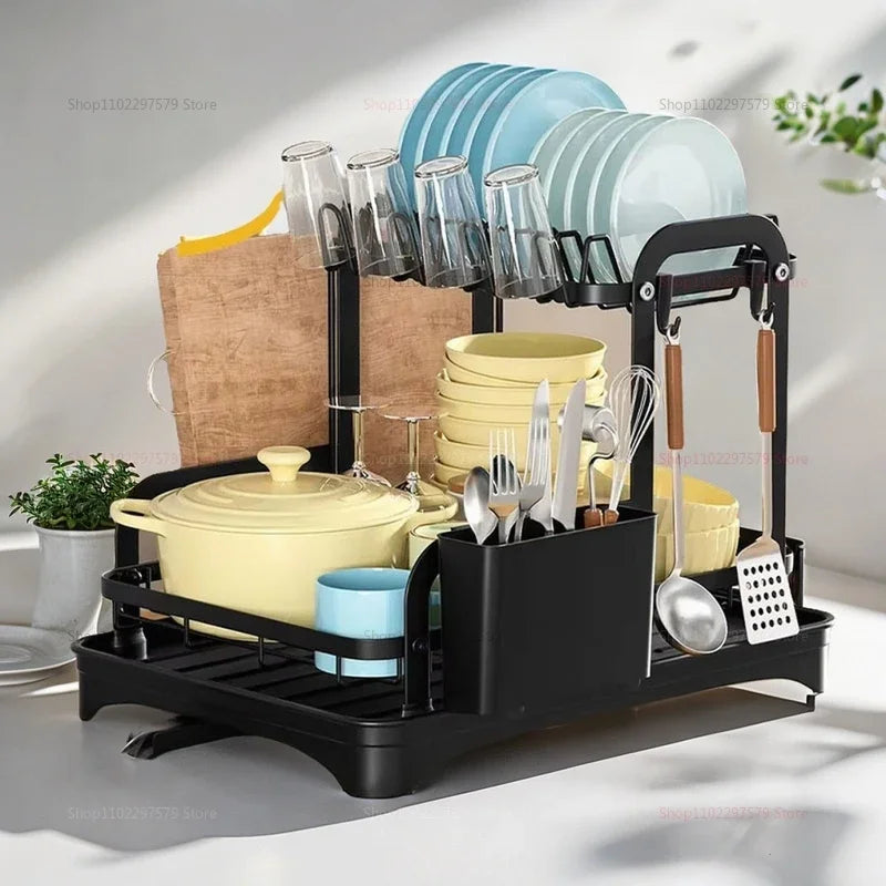 2 Tier Dish Drying Rack Black Kitchen Countertop Drainer with Drain Board Space Saving Storage Organizer