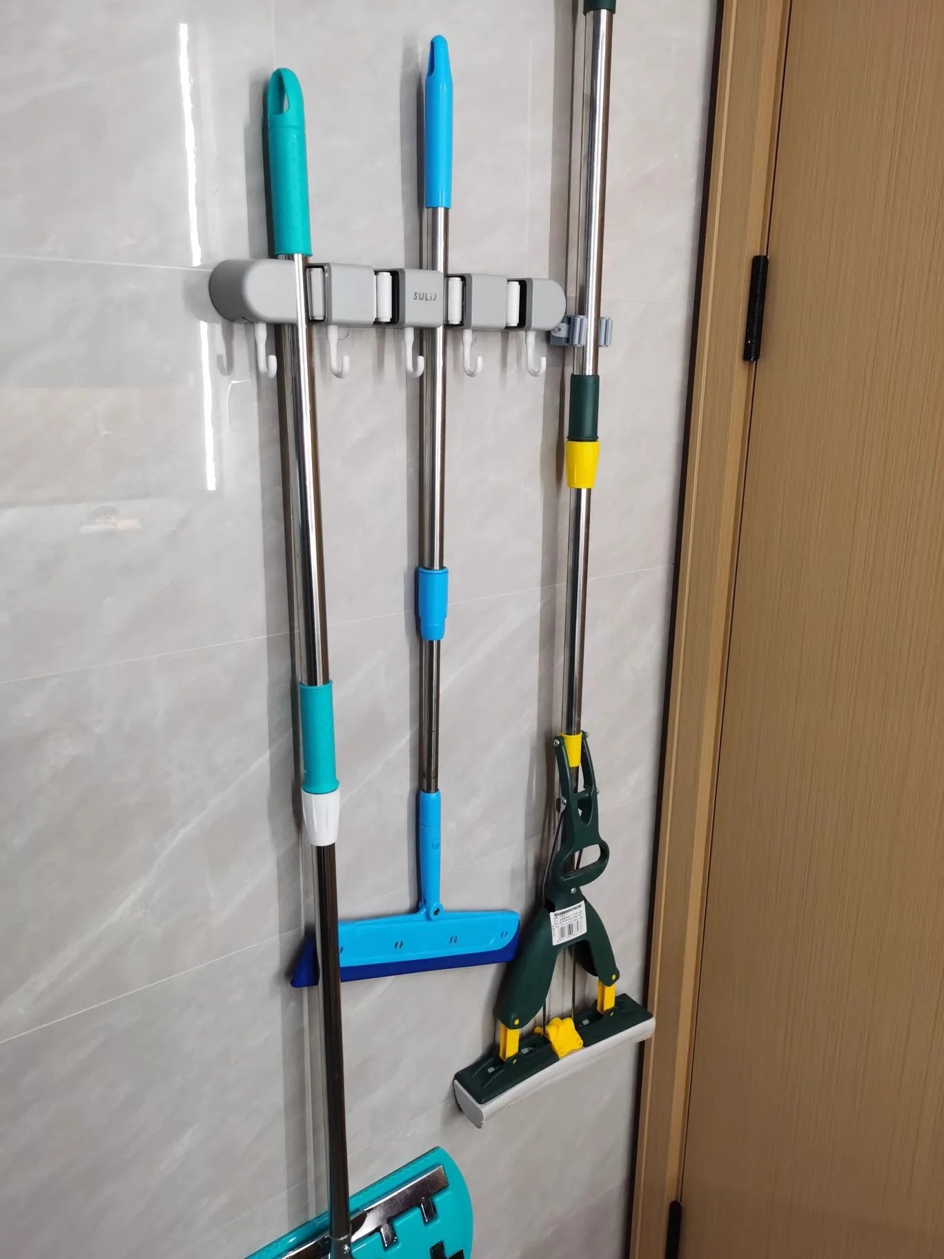 Broom Mop Holder with Hooks Wall Mounted Broom Storage Rack No Drilling Self-Adhesive Kitchens Organizer Multifunction Holder