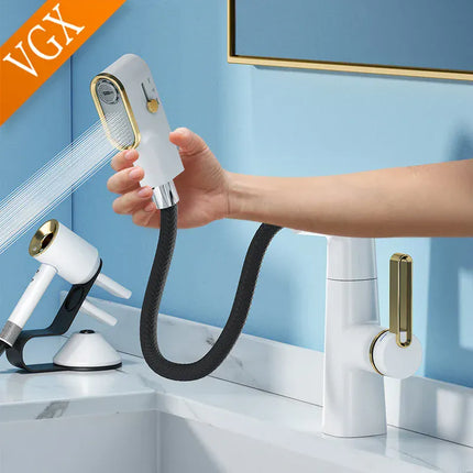 Robinet de salle de bain multifonctionnel VGX, mitigeur de lavabo extractible, robinet de lavabo avec indicateur de température LED, rotation à 360°, robinetterie Crane en laiton blanc