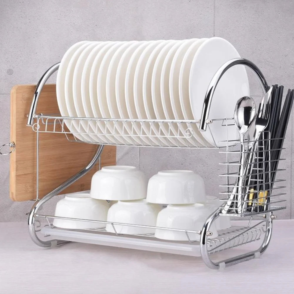 Kitchen Cutlery Organizer 2 Tier S-Shaped Dish Drainer Stable Space-saving Tableware Holder Shelf Metal Cup Drainer Chopsticks