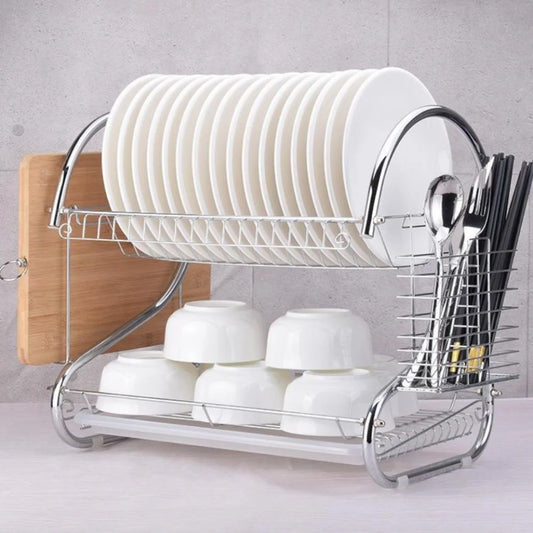 Kitchen Cutlery Organizer 2 Tier S-Shaped Dish Drainer Stable Space-saving Tableware Holder Shelf Metal Cup Drainer Chopsticks
