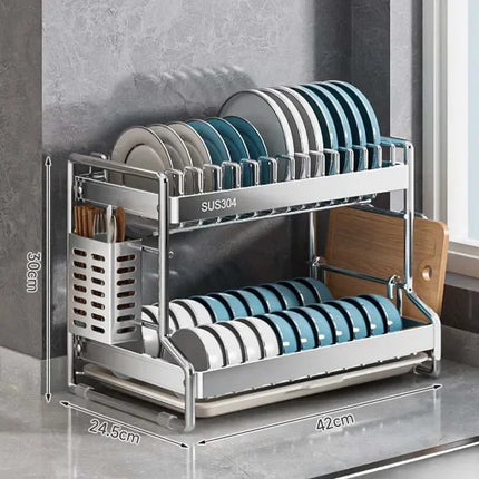 Égouttoir à vaisselle en acier inoxydable pour le rangement et l'organisation de la cuisine. Ce support est idéal pour la vaisselle, les ustensiles de cuisine et les tables.