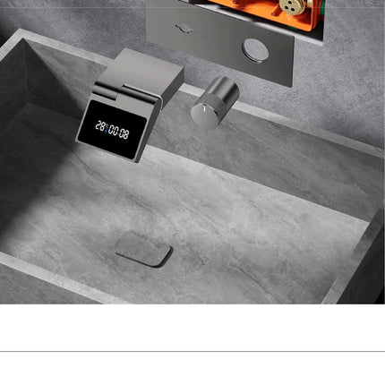 Robinet de salle de bain mural de luxe en laiton gris anthracite avec affichage numérique LED. Robinet de salle de bain monocommande avec eau chaude et froide intégrée.